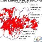 Mapa elaborado por la Aemet con datos sobre las descargas eléctricas caídas en CyL en la jornada del jueves 3 de julio.