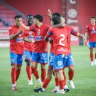 Los jugadores del CD Numancia celebrando uno de los goles ante el Zaragoza.