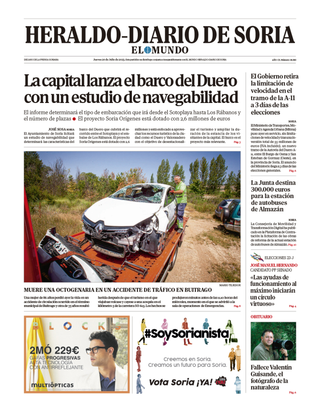 Portada De Heraldo-Diario De Soria Del 20 De Julio De 2023