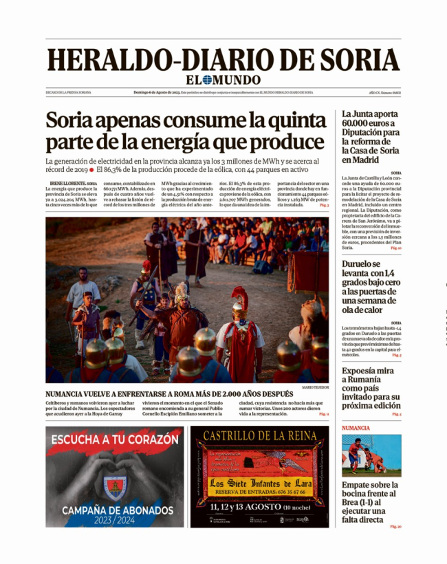 Portada de Heraldo-Diario de Soria de 6 de agosto de 2023.