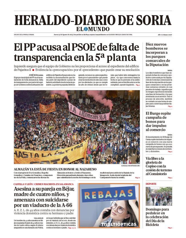 Portada de Heraldo-Diario de Soria del 31 de agosto de 2023.