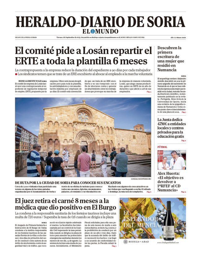 Portada de Heraldo-Diario de Soria del 1 de septiembre de 2023.