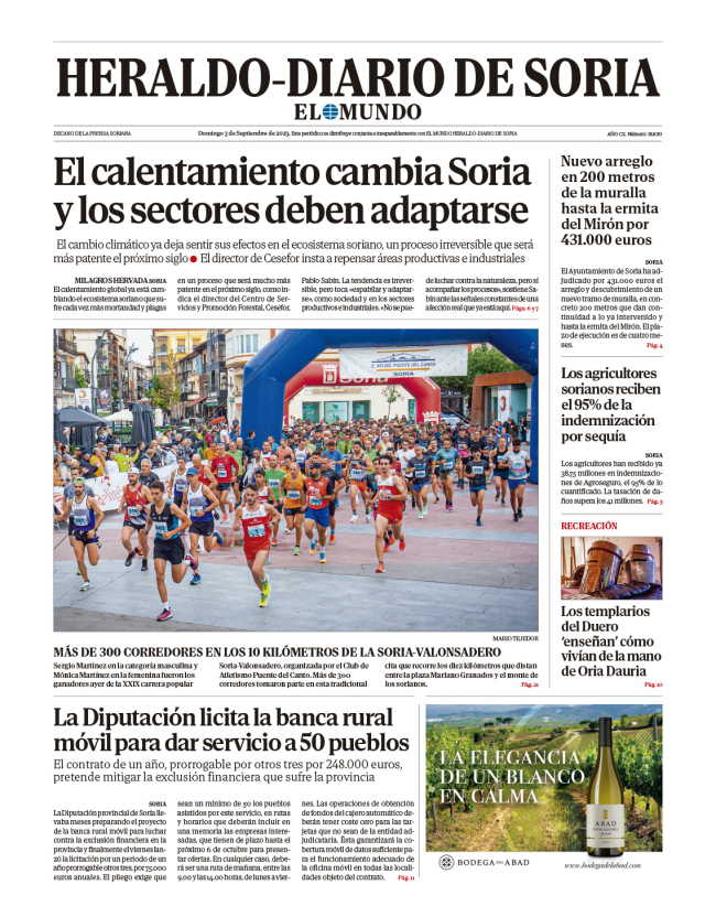 Portada de Heraldo-Diario de Soria del 3 de septiembre de 2023.