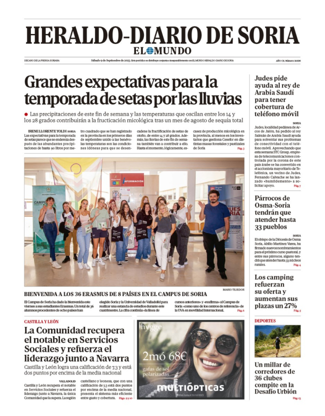 Portada de Heraldo-Diario de Soria de 9 de septiembre de 2023.