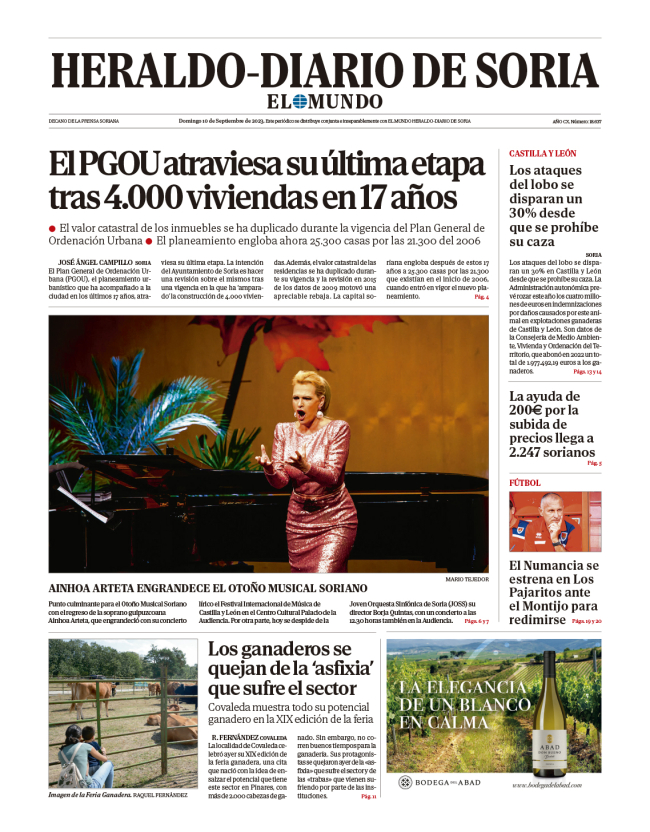 Portada de Heraldo-Diario de Soria de 10 de septiembre de 2023.
