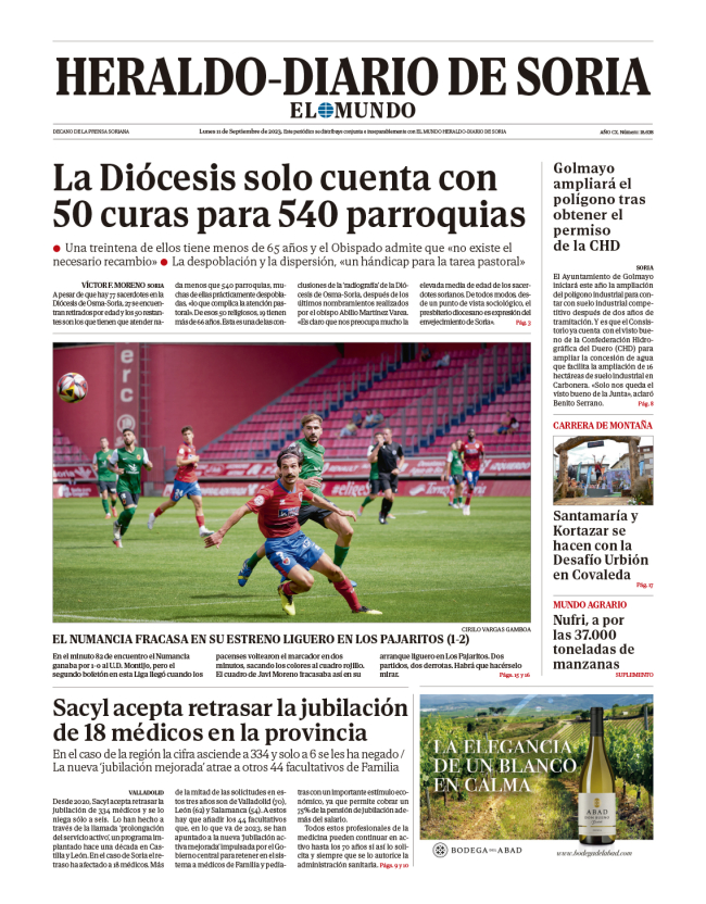 Portada de Heraldo-Diario de Soria de 11 de septiembre de 2023.