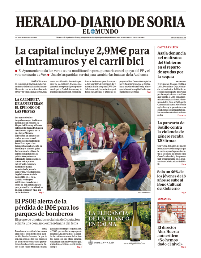 Portada de Heraldo-Diario de Soria de 12 de septiembre de 2023.