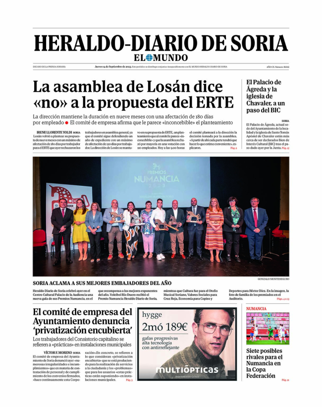 Portada de Heraldo-Diario de Soria del 14 de septiembre de 2023.