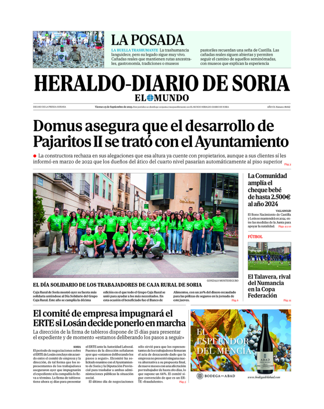 Portada de Heraldo-Diario de Soria del 15 de septiembre de 2023.