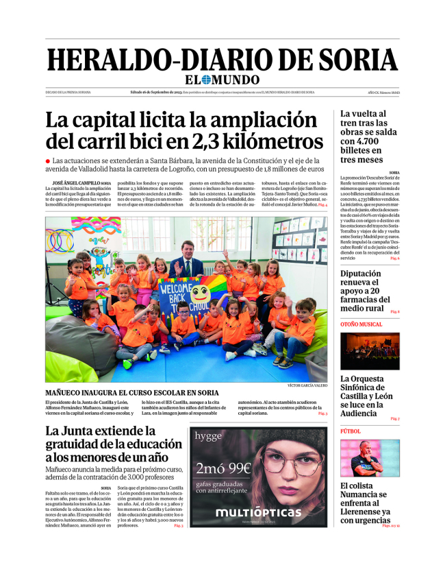 Portada de Heraldo-Diario de Soria del 16 de septiembre de 2023.