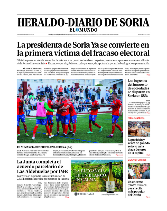 Portada de Heraldo-Diario de Soria del 17 de septiembre de 2023.