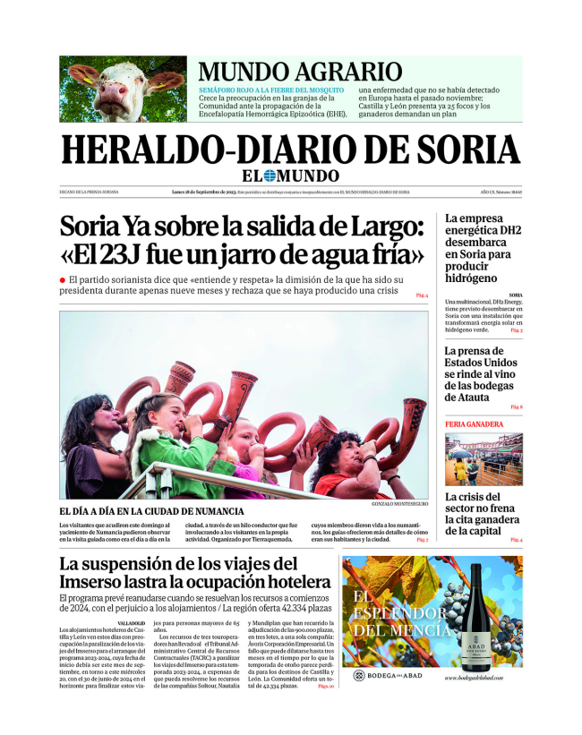 Portada de Heraldo-Diario de Soria del 18 de septiembre de 2023