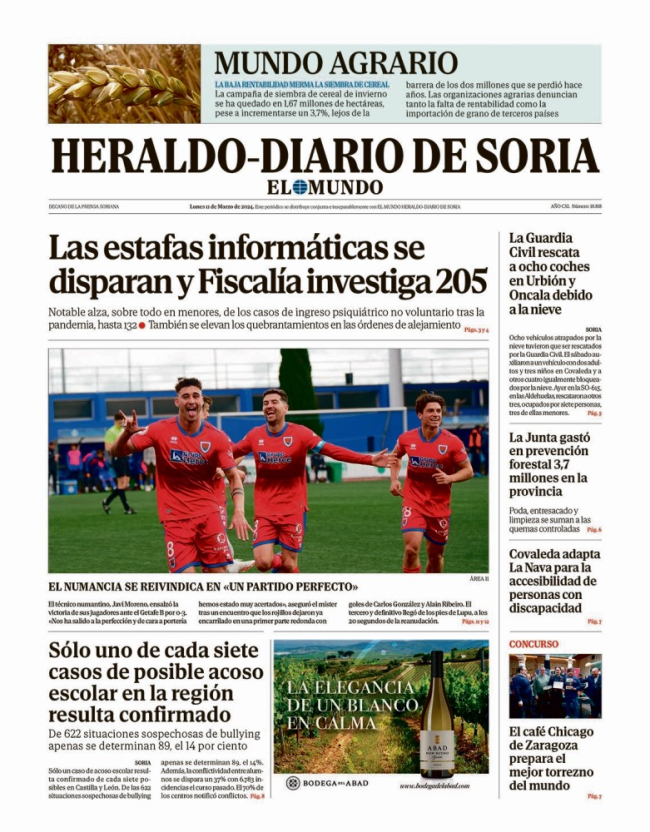Portada de Heraldo-Diario de Soria de 11 de marzo de 2024.