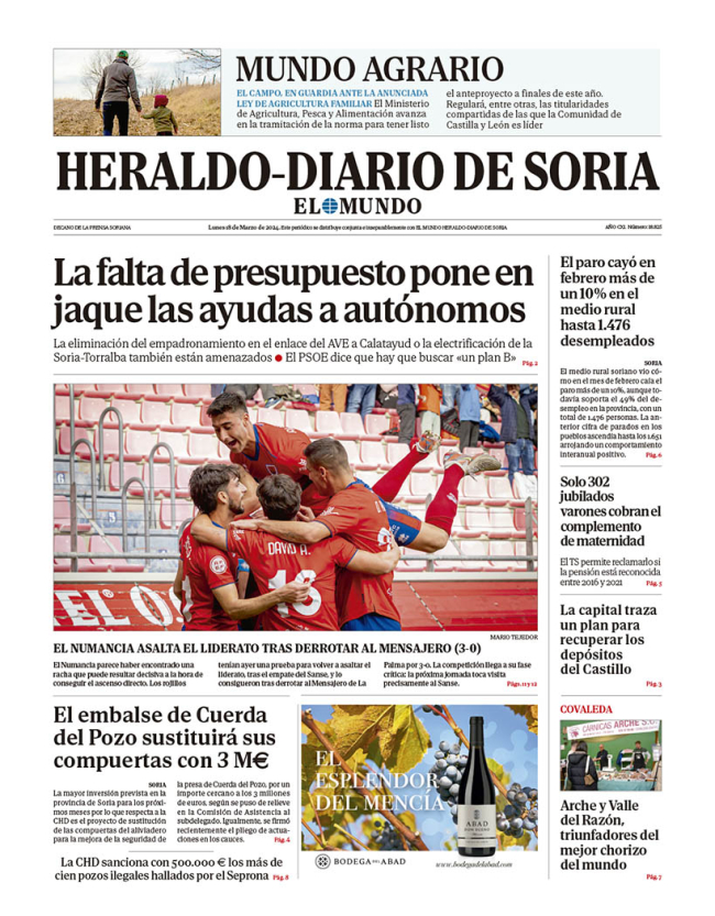 Portada de Heraldo Diario de Soria del 18 de marzo de 2024.