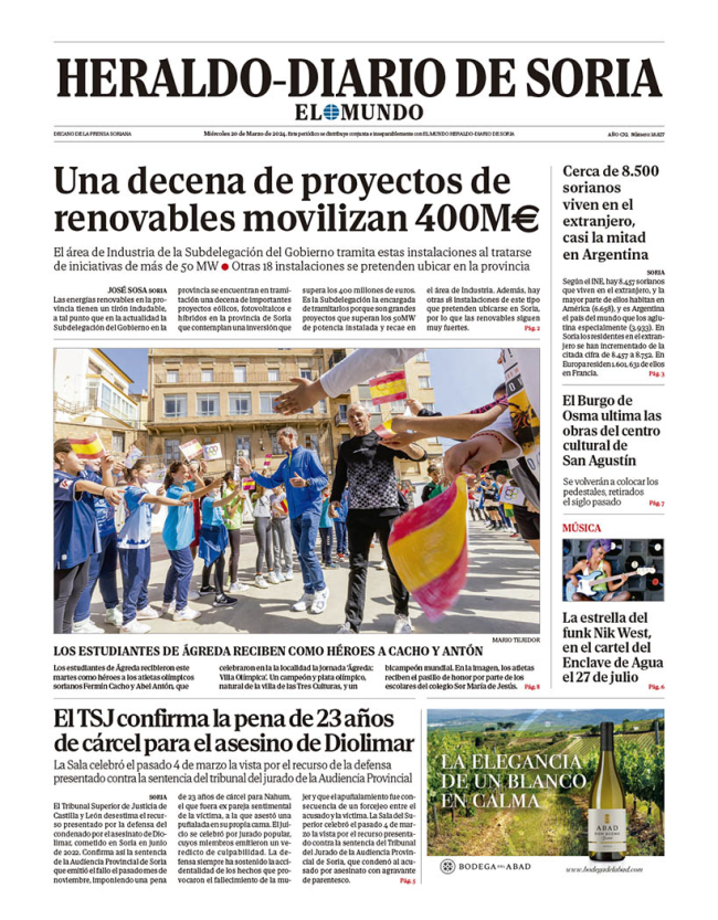 Portada de Heraldo Diario de Soria del 20 de marzo de 2024.