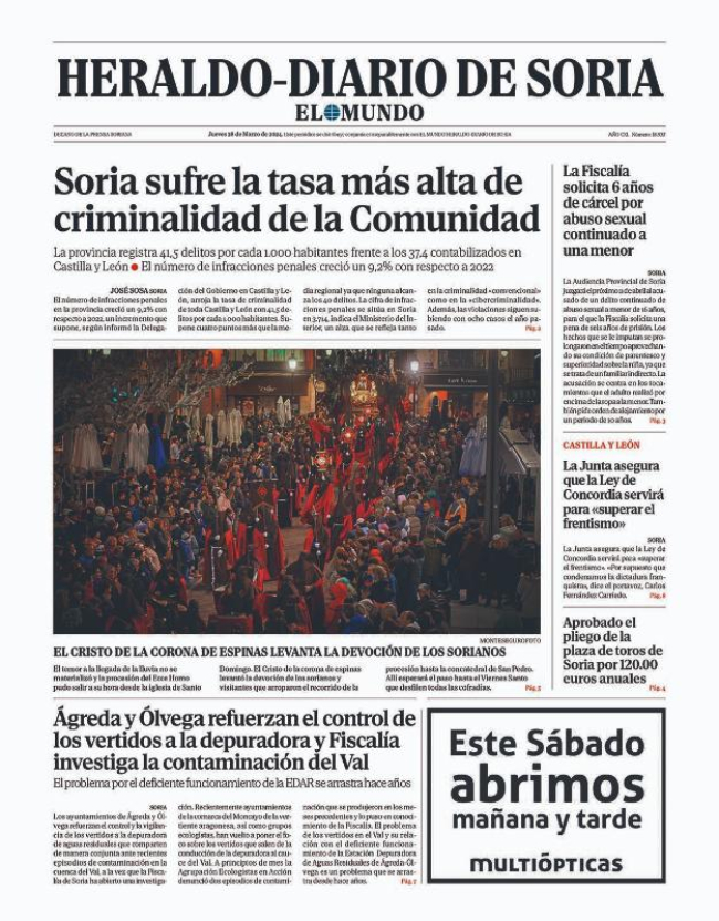 Portada de Heraldo Diario de Soria del 28 de marzo de 2024