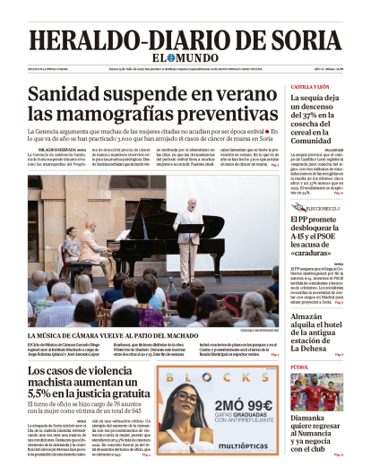 Portada de Heraldo-Diario de Soria del 23 de julio de 2023.