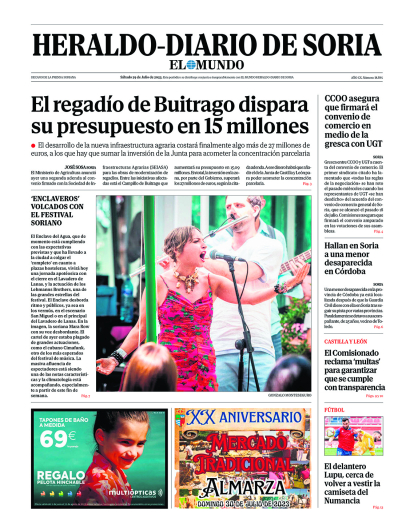Portada de Heraldo-Diario de Soria del 29 de julio de 2023.