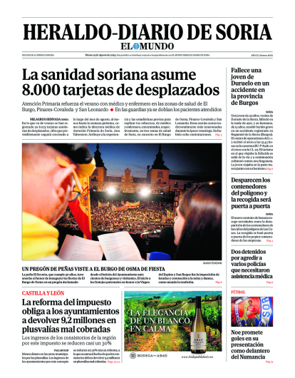 Portada de Heraldo-Diario de Soria del 15 de agosto de 2023.