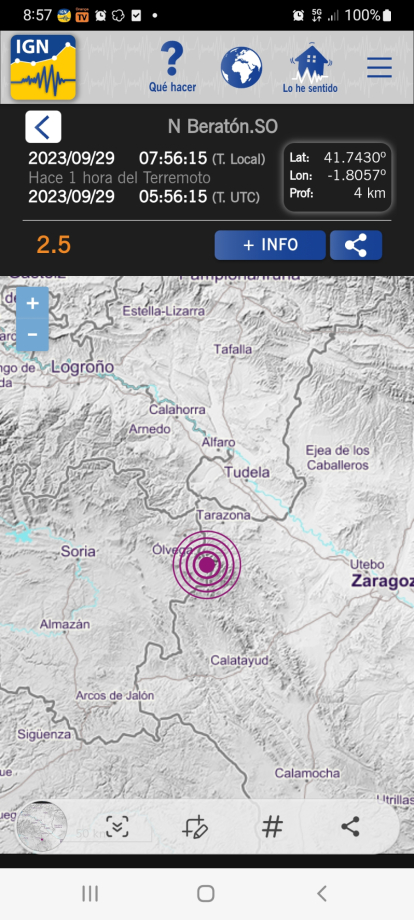Captura de la notificación del terremoto de esta mañana 29 de septiembre en Beratón.