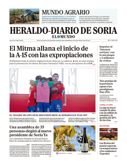 Portada de Heraldo-Diario de Soria del 2 de octubre de 2023.