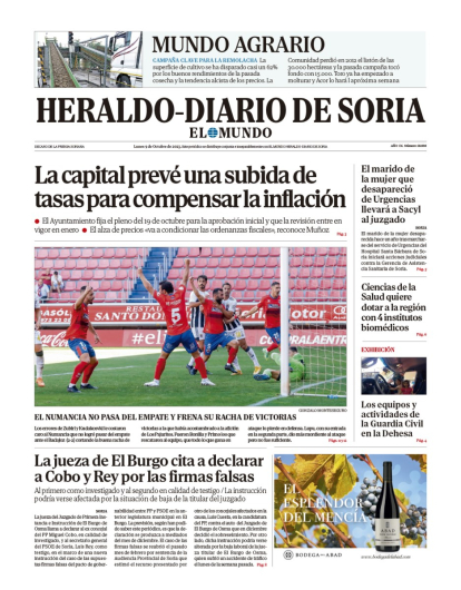 Portada de Heraldo-Diario de Soria de 9 de octubre de 2023.