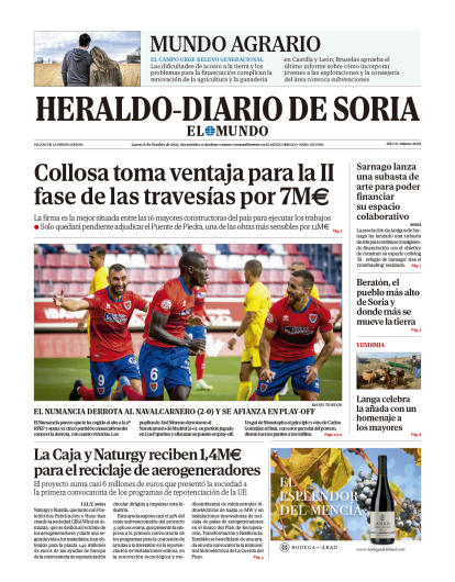 Portada de Heraldo-Diario de Soria del 16 de octubre de 2023.