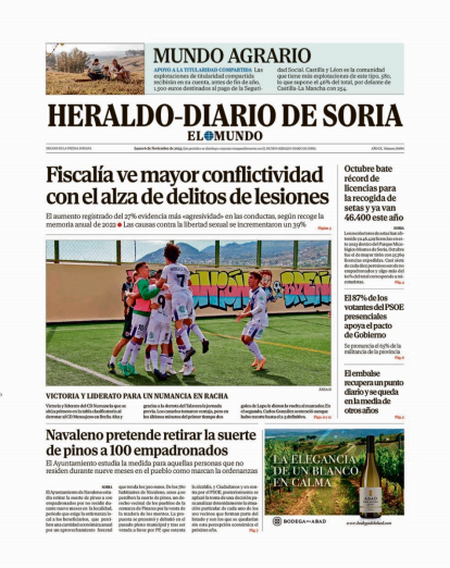 Portada de Heraldo-Diario de Soria de 6 de noviembre de 2023.