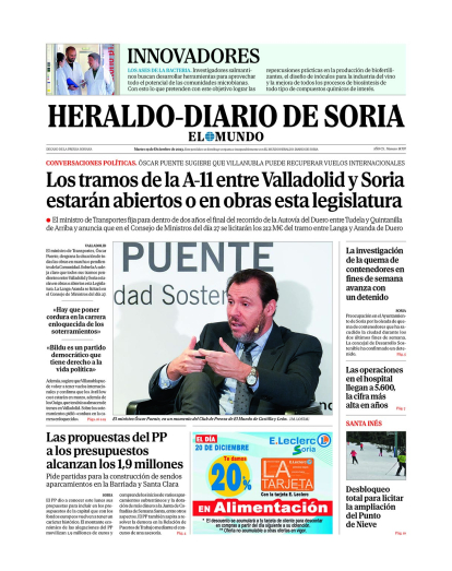 Portada de Heraldo Diario de Soria del 19 de diciembre de 2023.