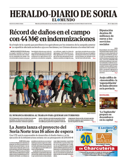 Portada de Heraldo Diario de Soria del 27 de diciembre de 2023.