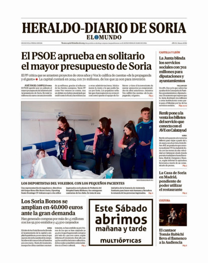 Portada de Heraldo-Diario de Soria de 29 de diciembre de 2023.