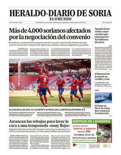 Portada de Heraldo Diario de Soria del 8 de enero de 2024.