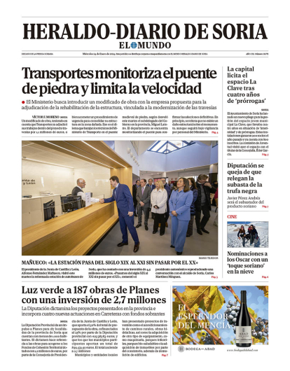 Portada de Heraldo Diario de Soria del 24 de enero de 2024.