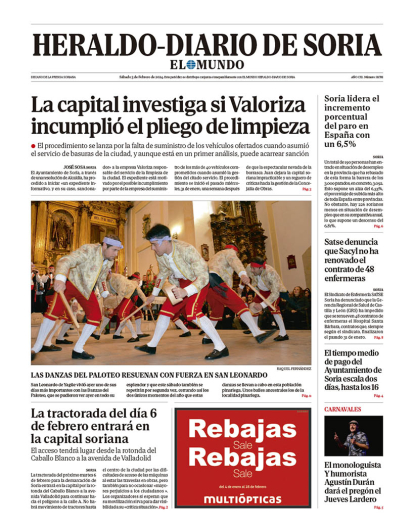 Portada de Heraldo Diario de Soria del 3 de febrero de 2024.