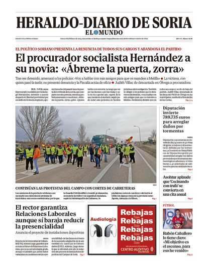 Portada de Heraldo Diario de Soria del 8 de febrero de 2024.