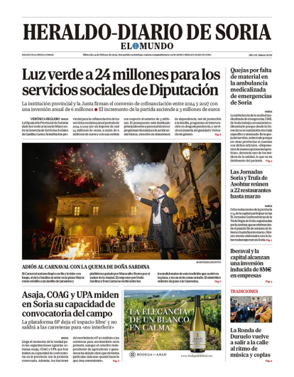 Portada de Heraldo Diario de Soria del 14 de febrero de 2024.