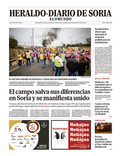 Portada de Heraldo Diario de Soria del 15 de febrero de 2024.