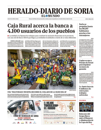Portada de Heraldo Diario de Soria del 16 de febrero de 2024.