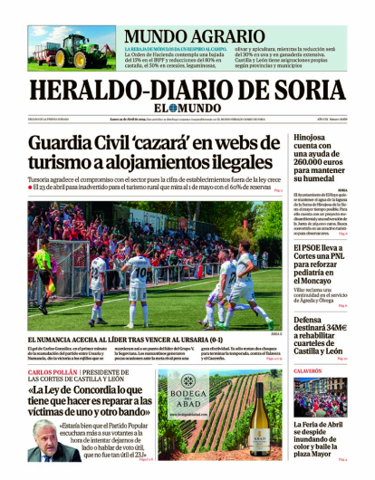 Portada de Heraldo-Diario de Soria de 22 de abril de 2024.