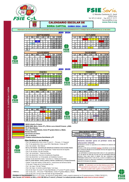 Calendario escolar con los cambios por las fiestas de San Saturio, facilitado por el sindicato FSIE.