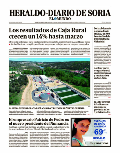 Portada de Heraldo-Diario de Soria de 15 de junio de 2024.