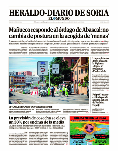 Portada de Heraldo Diario de Soria del 10 de julio de 2024.