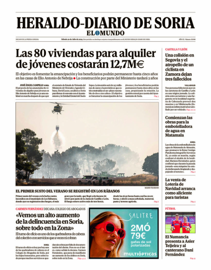 Portada de Heraldo Diario de Soria del 20 de julio de 2024.