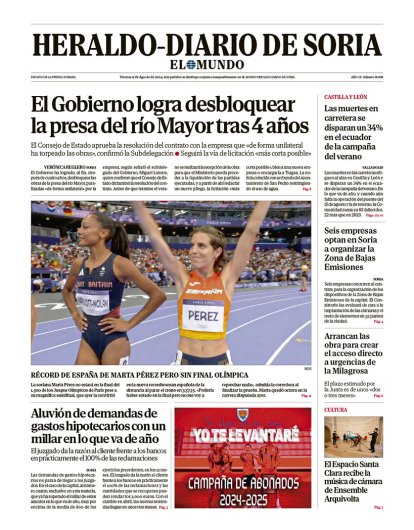 Portada de Heraldo Diario de Soria del 9 de agosto de 2024.