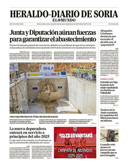 Portada de Heraldo-Diario de Soria de 13 de agosto de 2024.