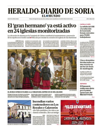 Portada de Heraldo-Diario de Soria de 16 de agosto de 2024.