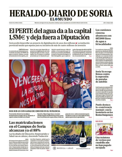 Portada de Heraldo-Diario de Soria de 21 de agosto de 2024.