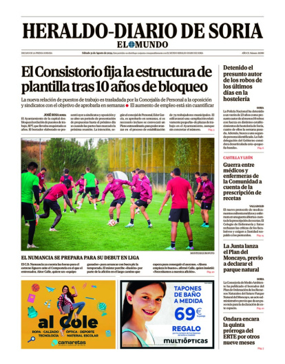 Portada de Heraldo-Diario de Soria del sábado 31 de agosto de 2024.