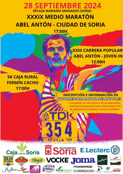 El cartel de la XXXIX Media Maratón Abel Antón rinde homenaje al dos veces campeón del mundo de maratón al mostrar su imagen entrando en meta durante el Mundial de Sevilla, titulo del que se cumplieron 25 años el pasado 28 de agosto.