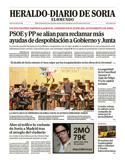 Portada de Heraldo-Diario de Soria de 14 de septiembre de 2024.